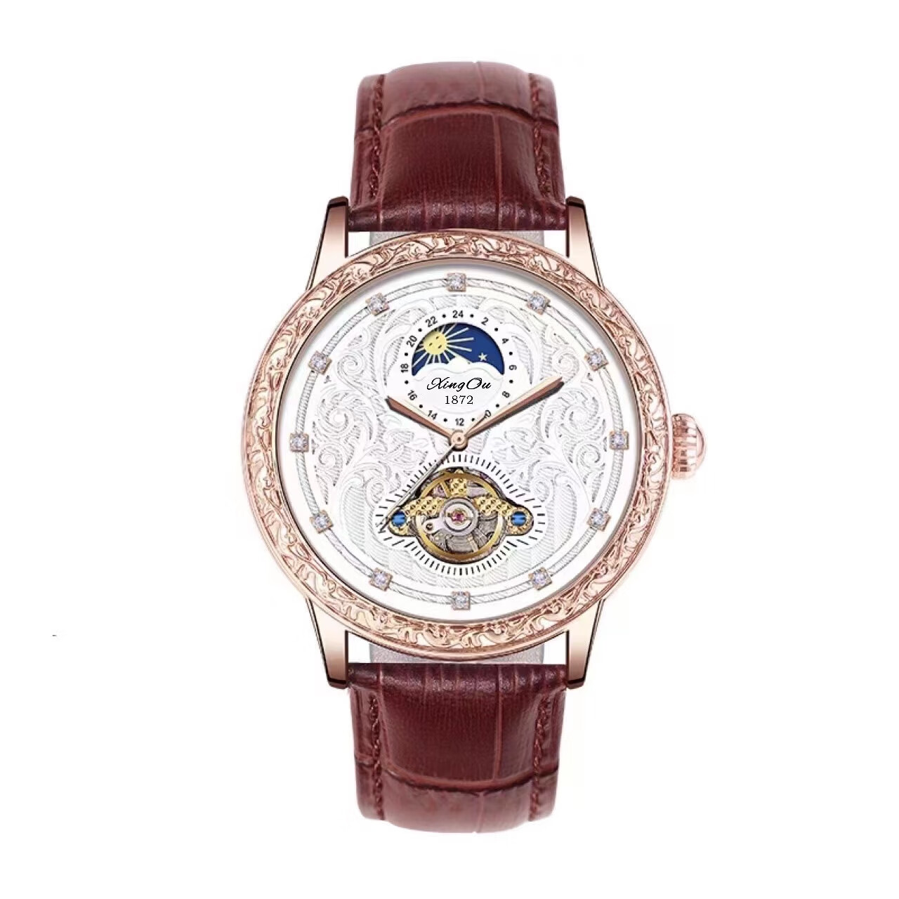 星歐(xo)日月星辰镶钻手表男士复古大表盘陀飞轮月相全自动机械腕表