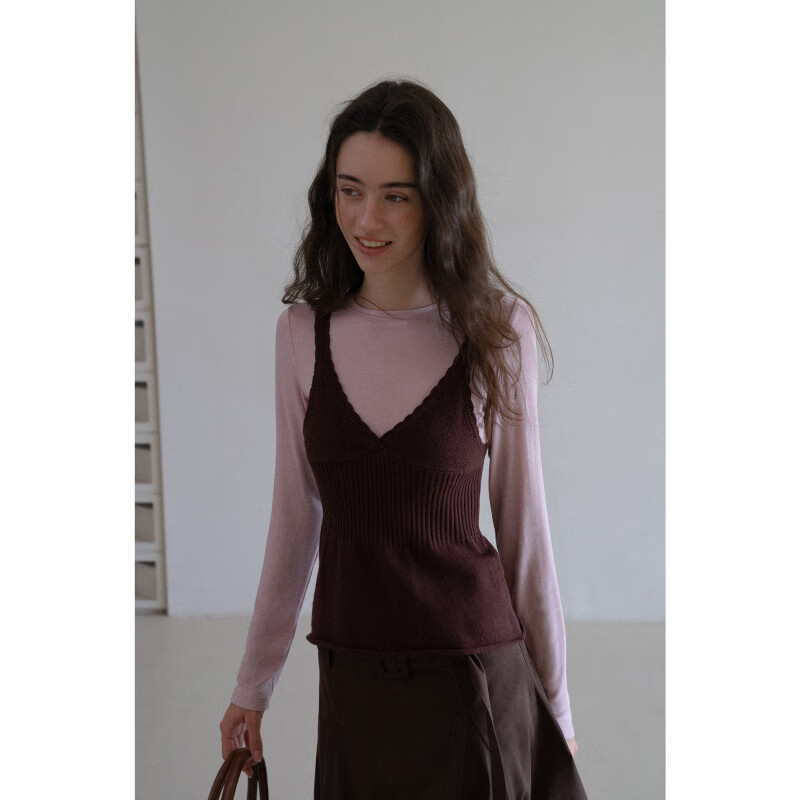 EGGKA打底長袖+吊帶外搭針織衫休閑上衣E25A30131YM+E25A80173YM 粉色-T恤 M