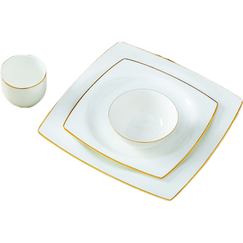 傳世瓷 碗碟套裝公司單位餐具包廂圓桌餐具套裝陶瓷餐具酒店擺臺碗盤(pán)碟 金邊-擺臺4件套
