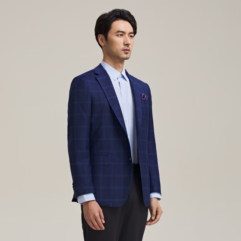 MAYOR男装 春季进口毛丝面料深蓝色格纹商务经典西服 深蓝色 175A (175/96A)