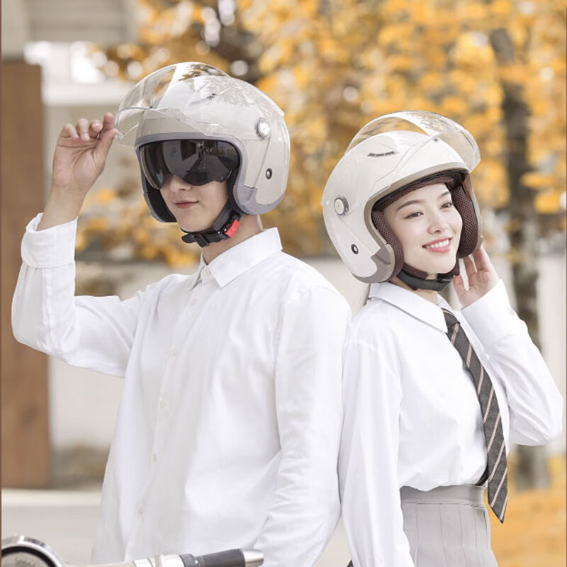 两只小蜜蜂3C认证电动车头盔男女士电瓶摩托车3/4盔冬季防雾四季通用安全帽 3C卡其色【防雾双镜】新国标A 建议女士【头围54-59cm】