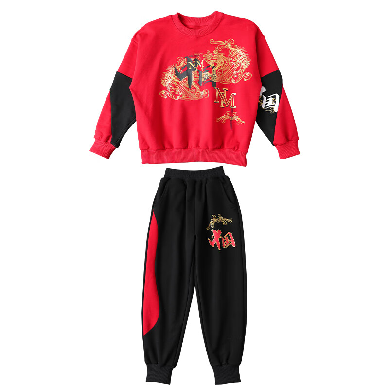 宇龙童话童装男童套装春秋装儿童中国风国潮红色男孩帅气运动秋款衣服 黑色春秋套装（衣服裤子） 170