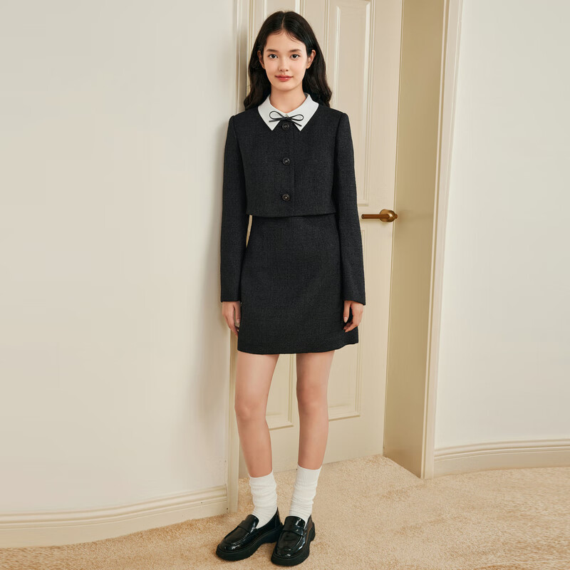 乐町假两件小香风连衣裙女蝴蝶结胸针可开门襟连衣裙 黑色（现货） S