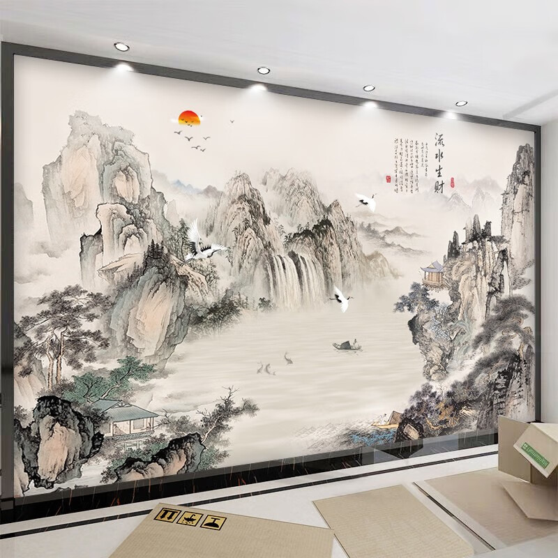 妙普乐山水风景5d墙纸装饰壁纸 3D立体办公室墙纸中式山水画风景壁纸壁 自粘墙纸拼接