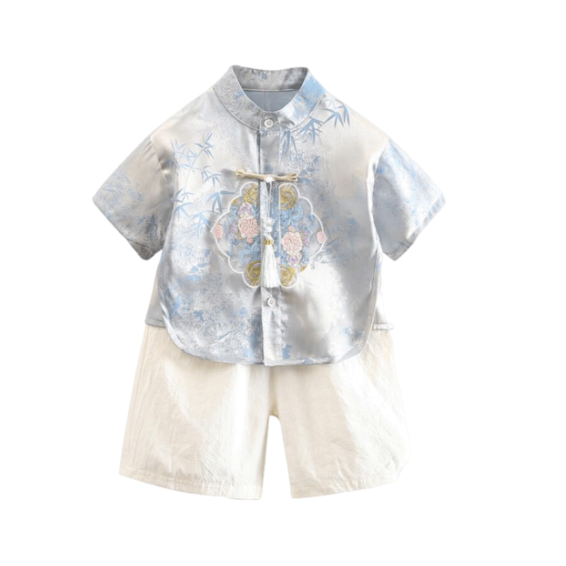 漢唐貝貝男童新中式漢服套裝夏季2025新款中國風(fēng)周歲禮服男寶刺繡唐裝薄款 藍色套裝 90cm