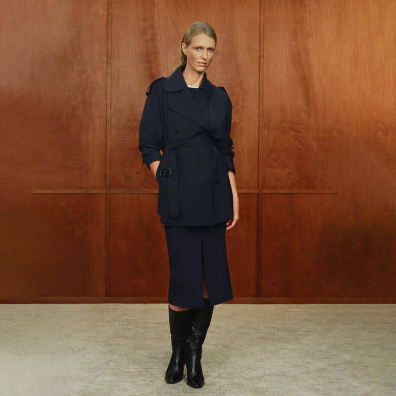 OVV2024秋冬新款女装经典翻领双排牛角扣短款羊毛风衣 藏青 XS