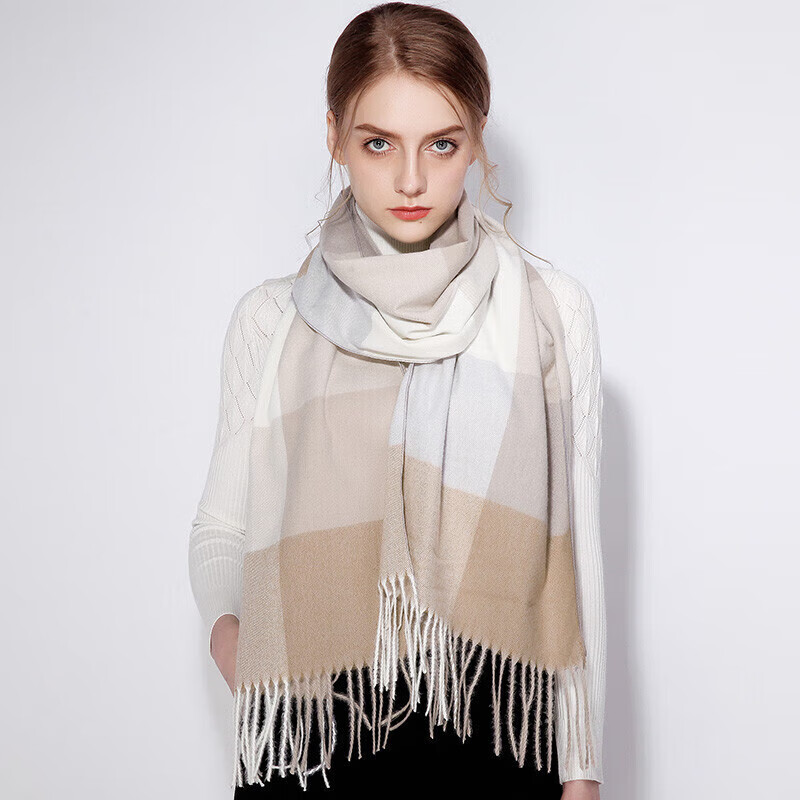 达芬奇密码 秋冬季保暖围巾女欧美风学生围脖情侣格子披肩 1# 浅咖格(205*35cm)