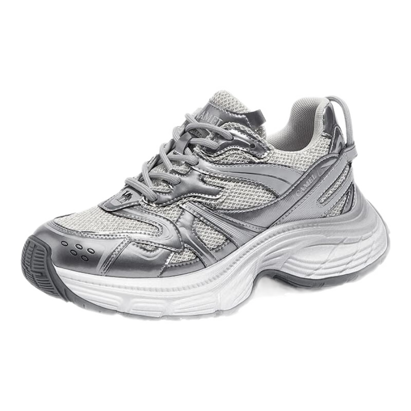 骆驼（CAMEL）耀月复古厚底老爹鞋女潮流增高百搭休闲鞋 L24A255651银色（密网） 35