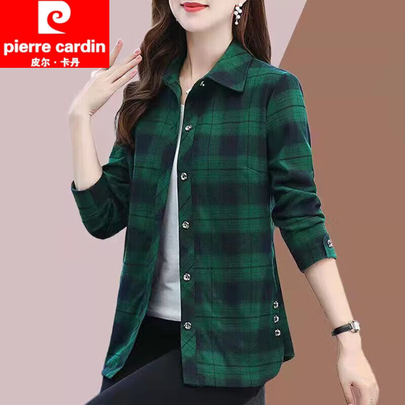 皮尔卡丹(pierre cardin)纯棉长袖衬衫女中年气质春秋柔软开衫时尚宽松格子POLO领女士外套 咖色 2XL 【建议110-125斤】