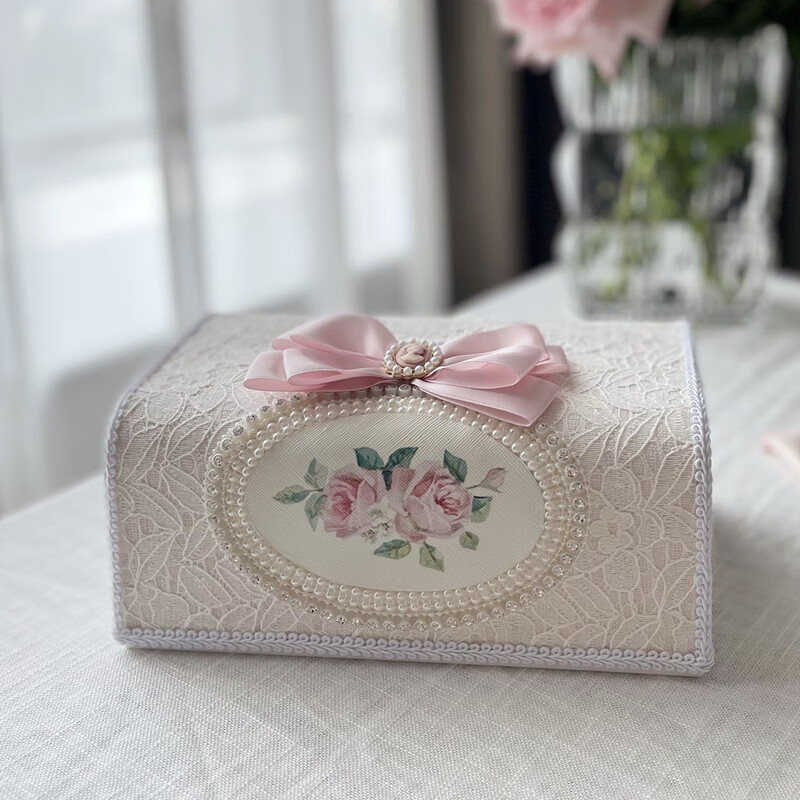 hywlkj韩式浪漫米白刺绣蕾丝纸巾盒高档珍珠蝴蝶结布艺家用车用抽纸盒