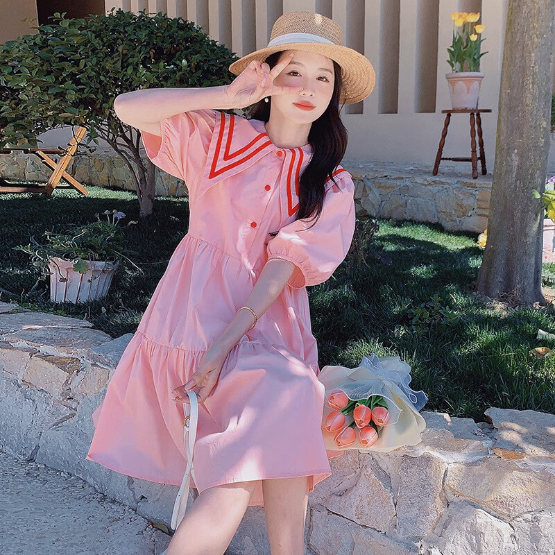 balitomms粉色连衣裙少女夏高腰法式温柔学院小个子字裙子 粉红色 s