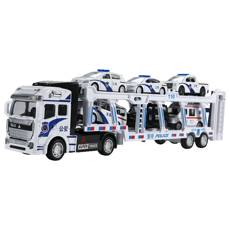 康迪拉家族儿童玩具男孩3-6岁双层加长合金警车运输汽车模型摆件新年礼物