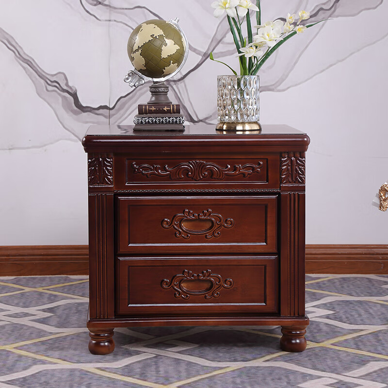 游复吟新中式床头柜中式实木床头柜仿古雕花胡桃色家用带锁卧室床边储