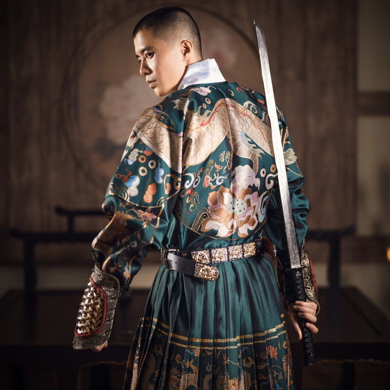 款明制飞鱼服贴里曳撒锦衣卫春夏汉服非古 墨绿】五彩金线12色织金 s