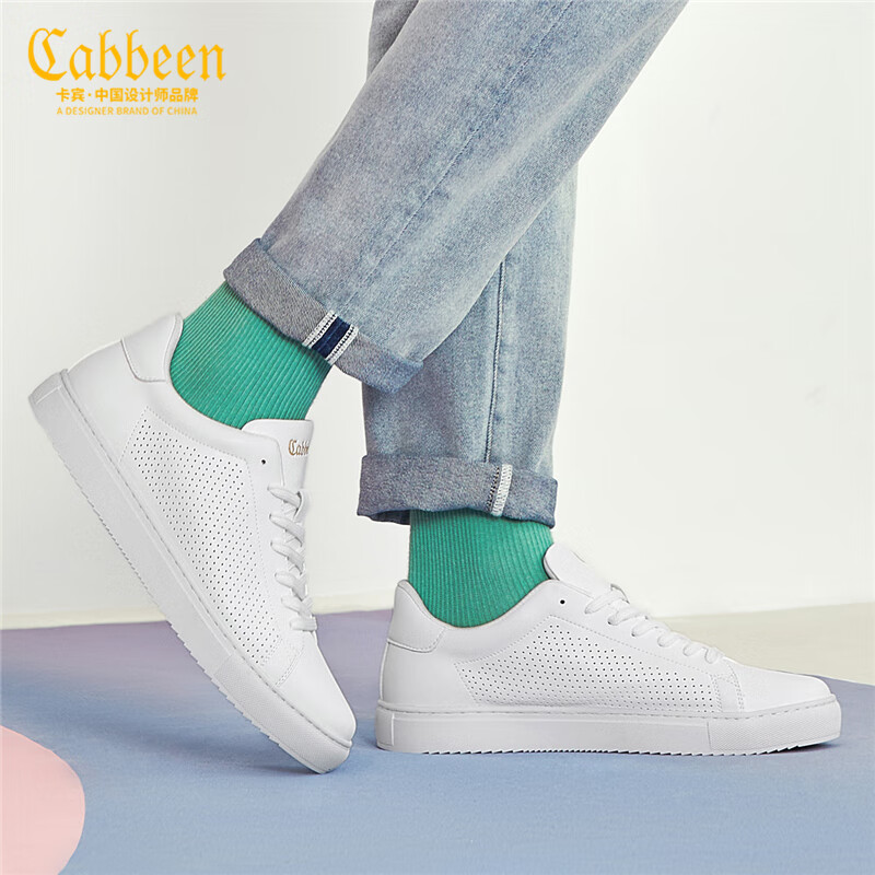 CABBEEN卡宾网红小白鞋男鞋透气平底板鞋男秋冬百搭男士运动休闲鞋男 320320556402-Z白色镂空 40