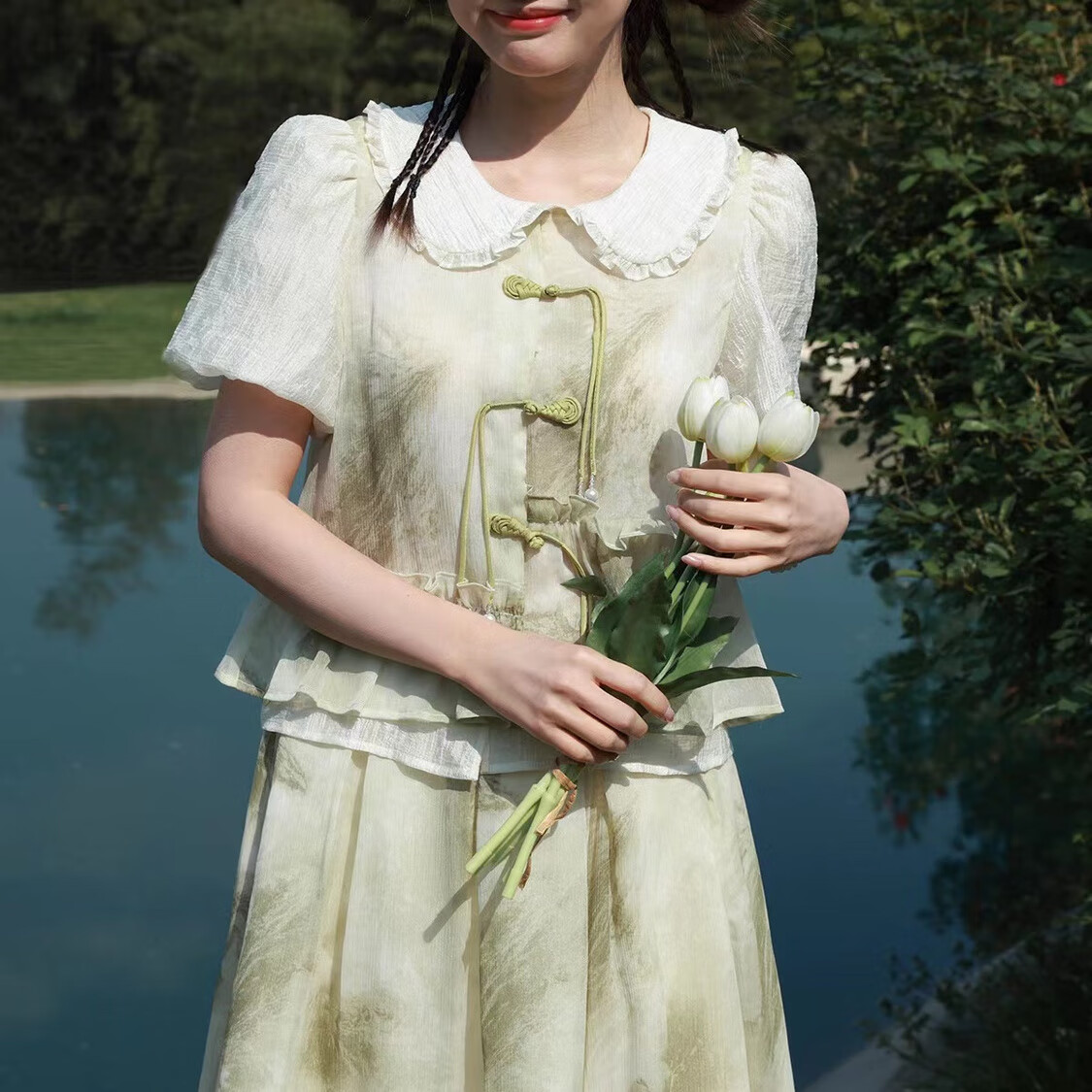 女夏装高端大气上档次气质套装两件套水墨丹青新中式夏季盘扣不对