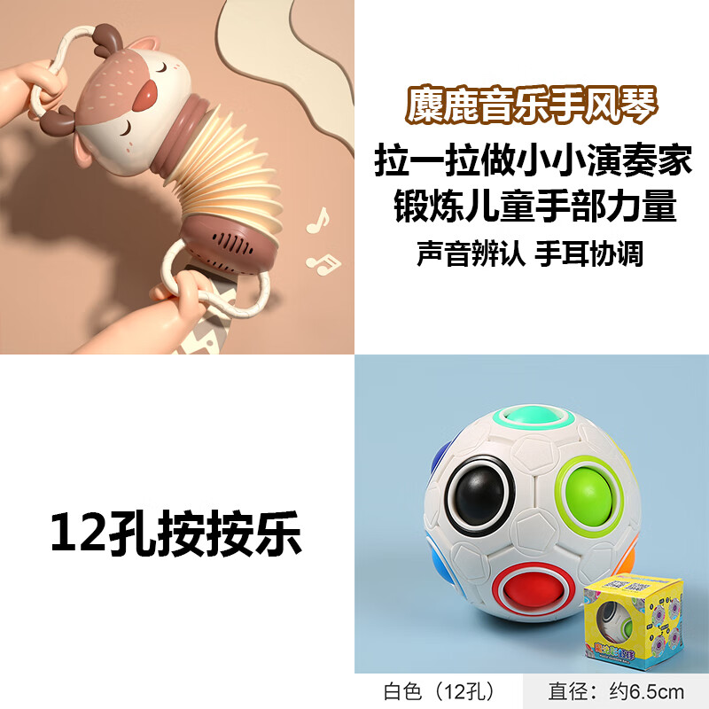 ONEVAN儿童玩具魔方智力球3岁6岁男孩智力开发动脑女孩宝宝早教彩虹球 12孔彩球+手拉音乐风琴