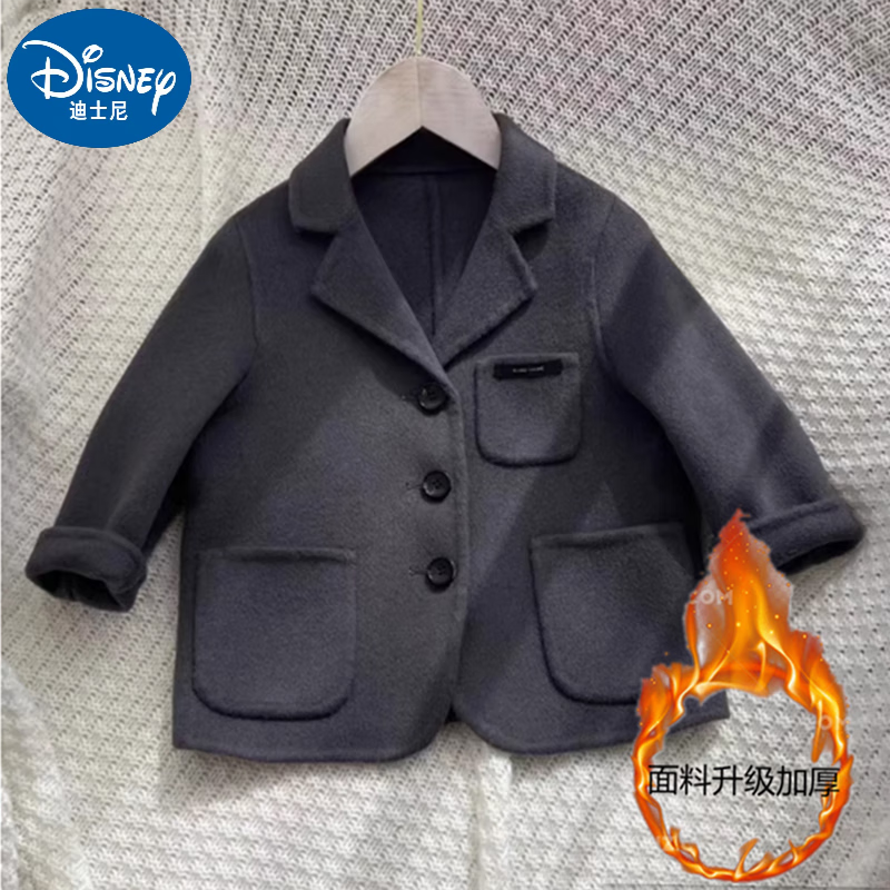 迪士尼（Disney）儿童双面羊绒大衣短款秋冬男童女童复古加厚西装羊毛呢子外套上衣 深灰色1 加厚款呢外套 90 cm