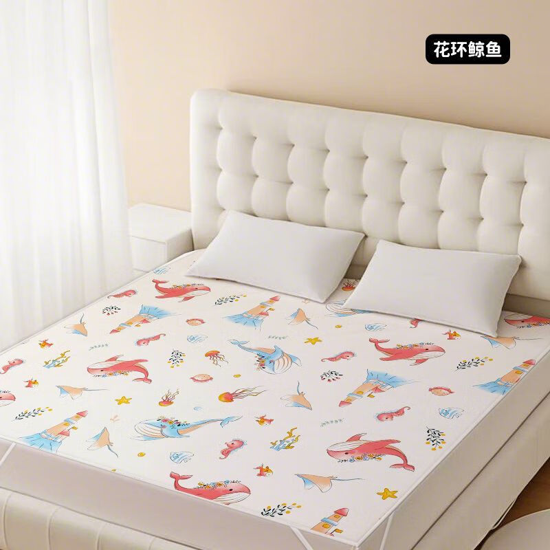 七彩博士婴儿隔尿垫床单大尺寸儿童防水夏季整床水洗透气床垫床笠 花环鲸鱼 150*200cm