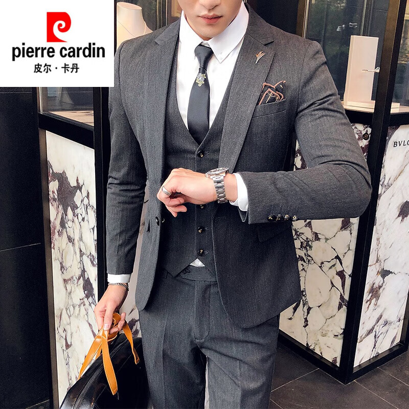 皮爾卡丹（pierre cardin）西服套裝男士職業(yè)伴郎韓版新郎結(jié)婚禮服正裝商務(wù)修身休閑西裝男 937灰(三件套) 【外套+馬甲+西 褲+襯衫+禮 XL 52 【體重120-130斤】