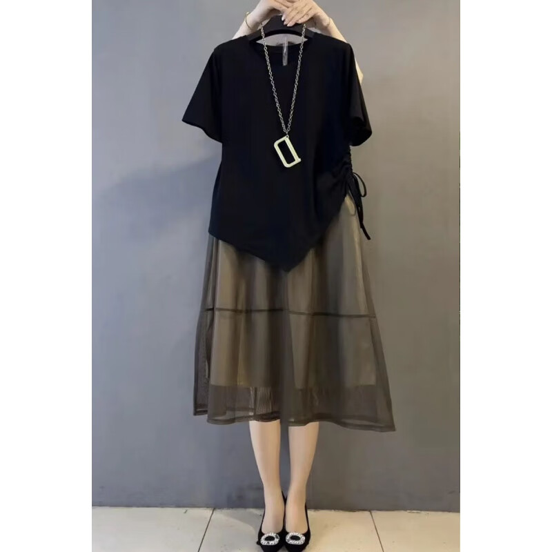 减龄四十岁女夏季大码装年新款洋气胖mm遮肉半裙时 黑色t恤 咖色半群
