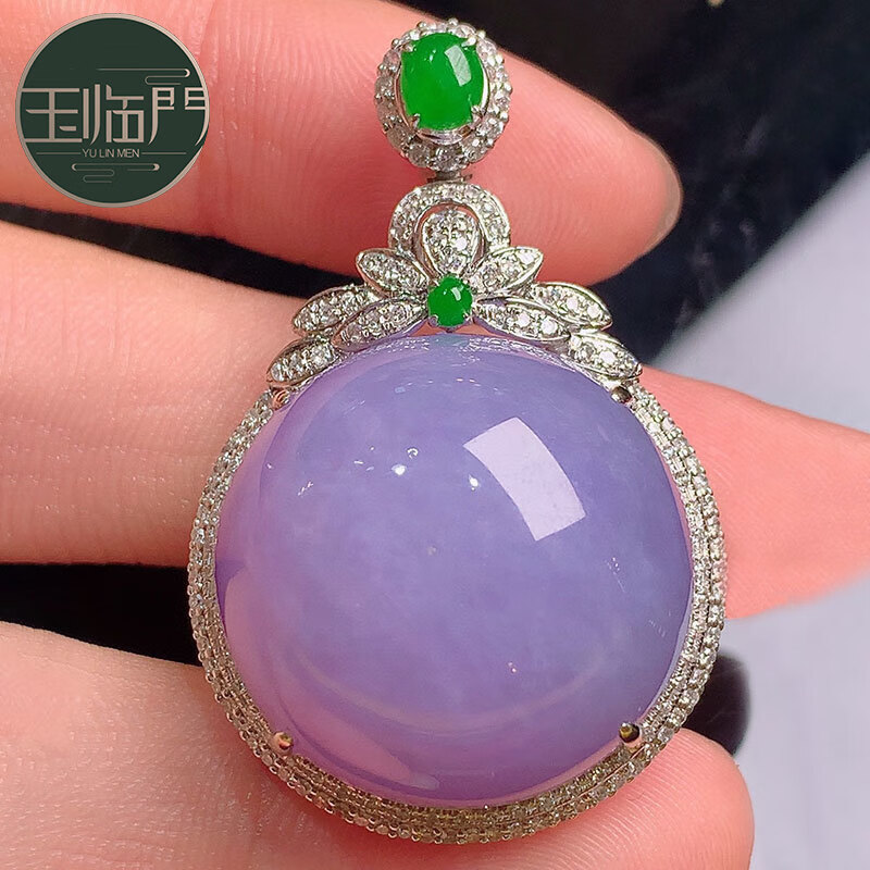 临门缅甸老坑天然a货翡翠冰种紫罗兰蛋面18k金镶嵌翡翠吊坠女士 紫色