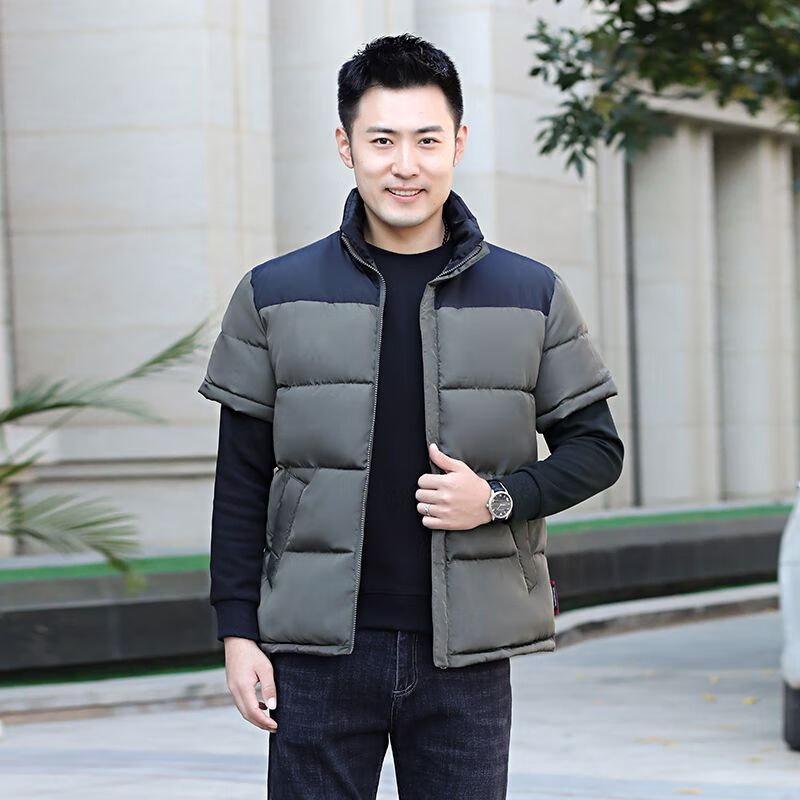 町苧男士短袖马甲保暖护肩半袖羽绒棉服中年休闲新款6X加码拼色冬棉袄 黑色 经典黑 4XL 146-165斤