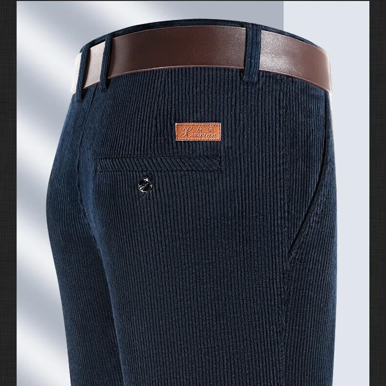 秋冬新款纯棉灯芯绒男士休闲裤中老年人加厚直筒休闲裤G 藏青 加厚款 33 码（135-145斤）