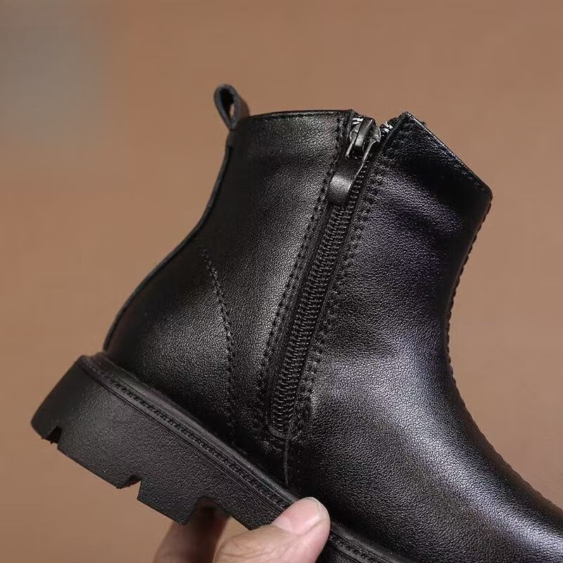 G.duck小黄鸭女童靴子冬季儿童短靴2025新款马丁靴中大童女孩黑色加绒靴 黑色 单层 33 鞋内长21CM