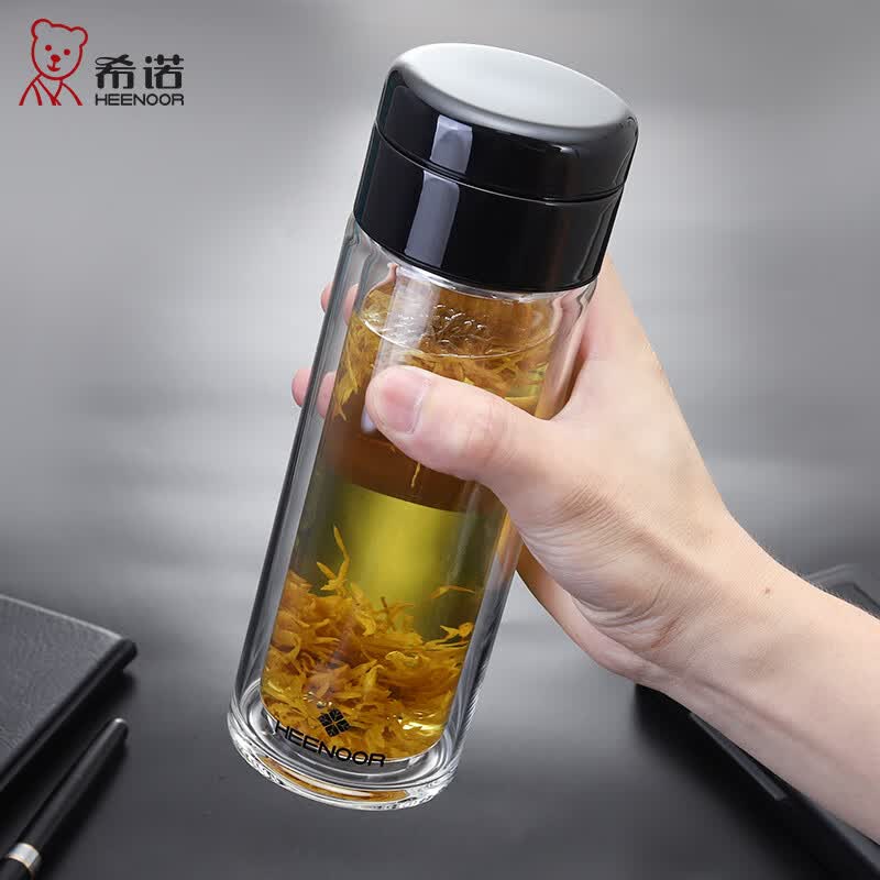 希诺(heenoor)茶水分离玻璃杯男士高档商务办公茶杯带滤网水杯车载隔热防烫杯子 黑色-390ml-茶水分离(N-9373) 礼盒装