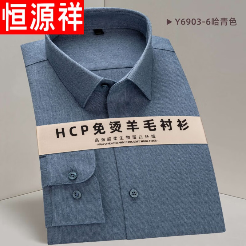 恒源祥羊毛衬衫男士长袖秋冬季免烫轻奢感商务休闲职业男装加厚保暖衬衣 哈青色-男-长袖 41(175/96A)