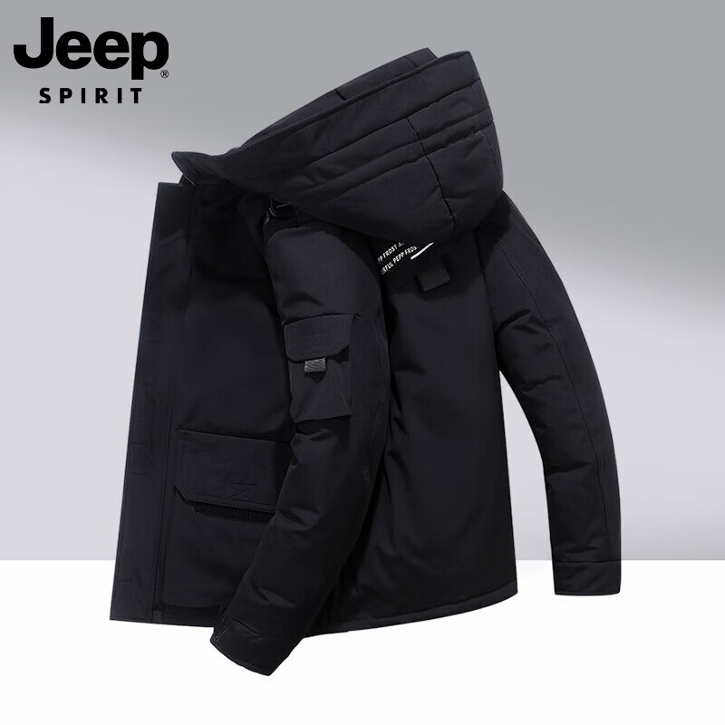 JEEP SPIRIT吉普男士棉衣外套秋冬季新款加厚棉服男保暖连帽工装面包服男 黑色 2XL （建议160-180斤）