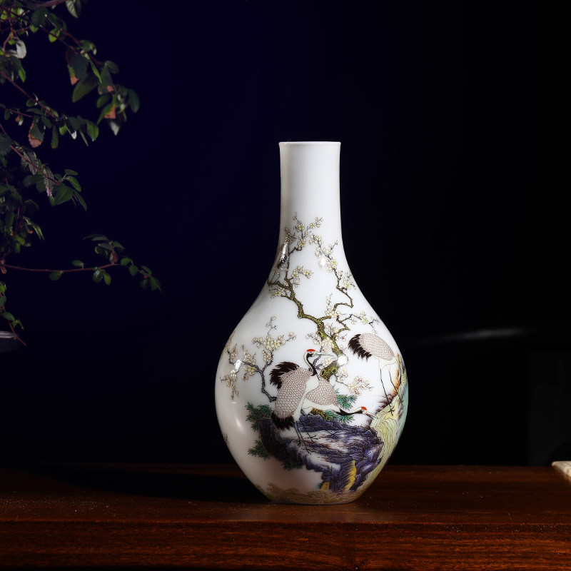 手绘仿古珐琅彩山水花鸟瓶新中式装饰瓷器 珐琅彩海鹤来潮瓶玉环胆瓶