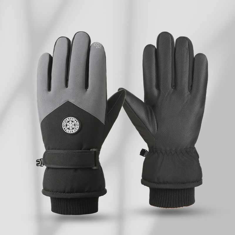 雪梦思念滑雪手套男女防水触屏加绒户外骑行电动车防风防寒保暖厚 黑加灰男士 均码
