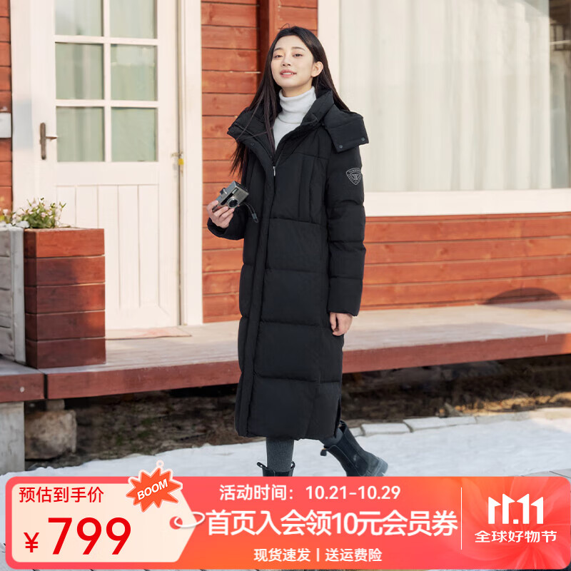 坦博尔2024冬季新款休闲百搭可脱卸帽长款加厚保暖羽绒服女时尚外套 黑色 M (165) 建议体重110斤-120斤
