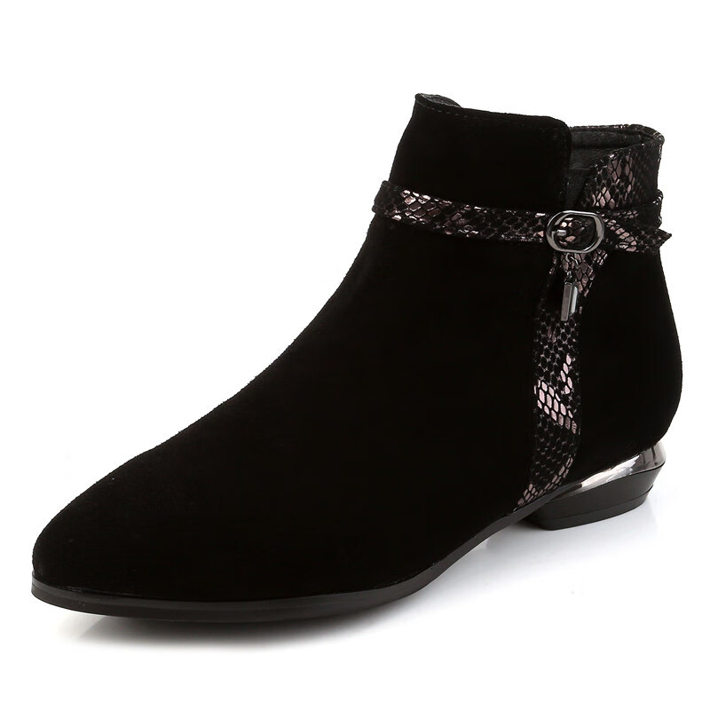 红蜻蜓品牌女靴2022春秋新款真牛皮小短靴女平底软皮单靴磨砂踝靴软底女靴加绒棉鞋时尚百搭鞋子女 黑色(单靴) 37