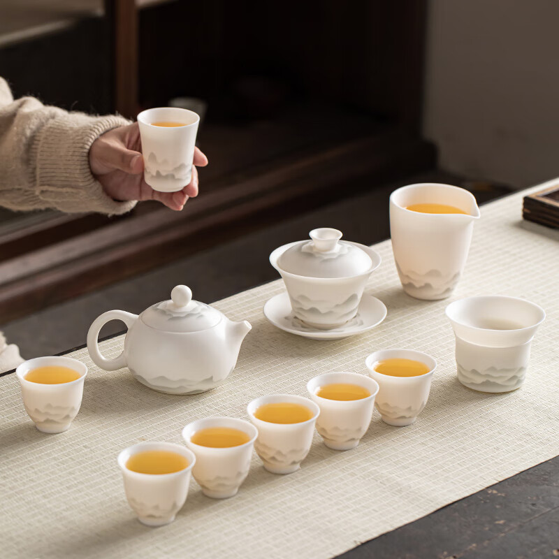 金镶玉温文杰老师手作 功夫茶具套装素烧羊脂玉瓷家用陶瓷送礼礼盒装 温文杰水墨远山羊脂玉瓷套装