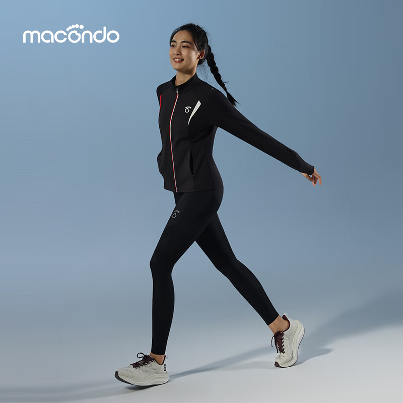 马孔多（macondo）跑步外套男女款防风加绒针织外套支撑压缩长裤运动套装 黑色+黑色 女 XL 京东折扣/优惠券