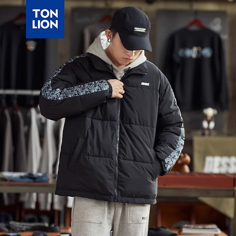 唐狮冬季新款男立领棉衣加厚保暖外套腰果花拼块时髦英伦风棉服面包服 黑色 XL