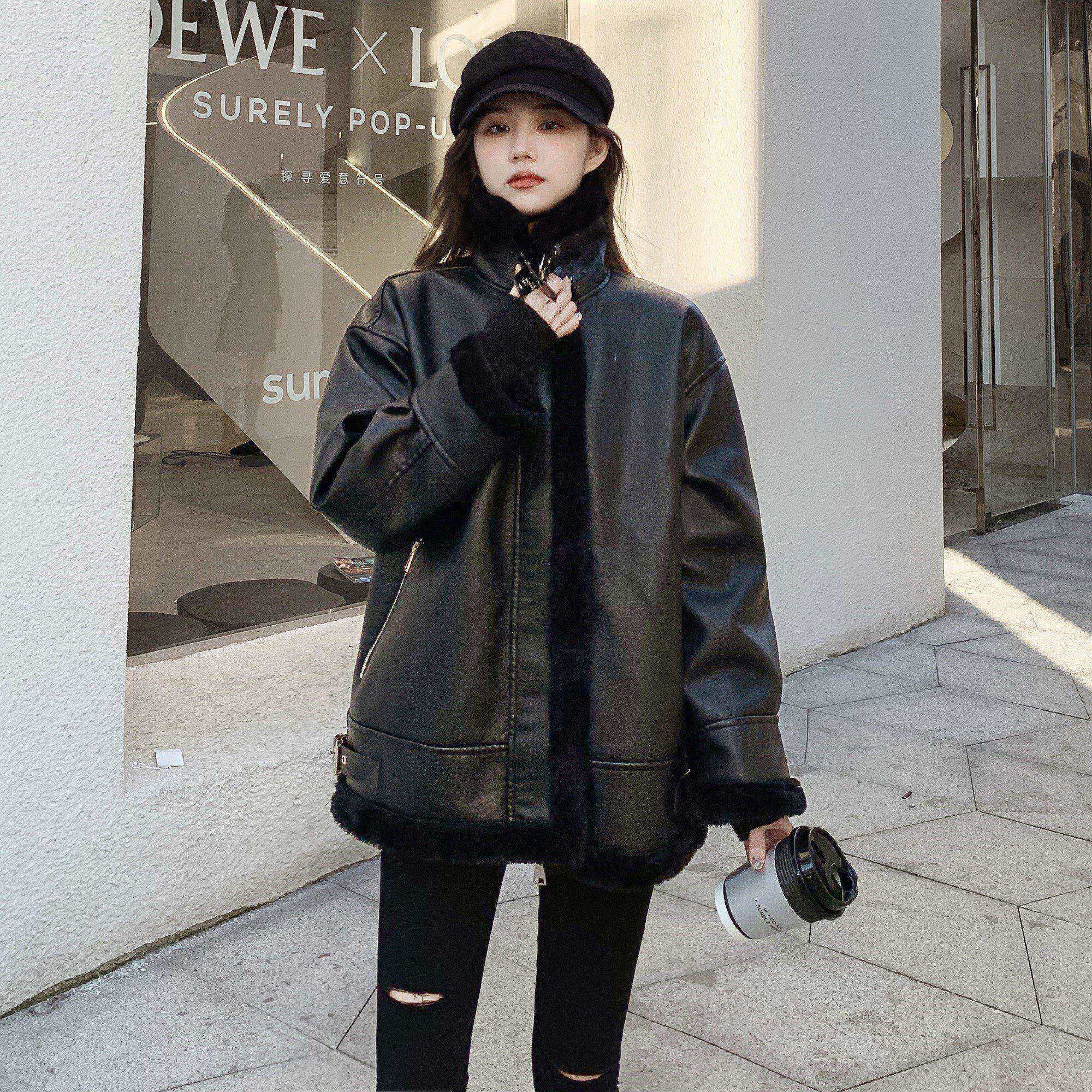 独孤伽罗冬季外套女加绒加厚皮衣真皮冬天皮毛一体上衣短款百搭休闲