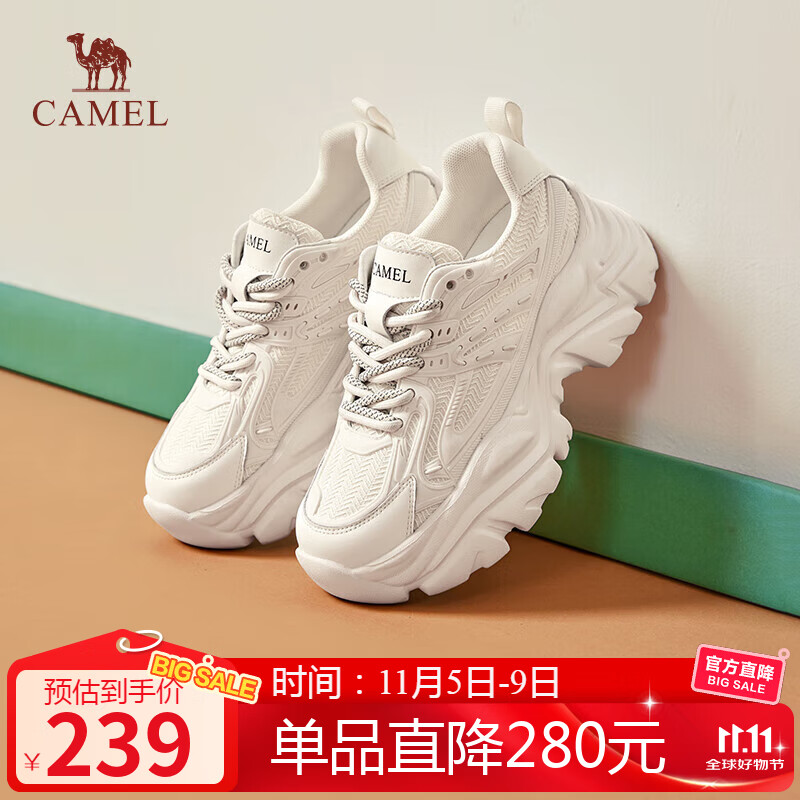 骆驼（CAMEL）老爹鞋女潮酷网布皮面拼接双系带厚底休闲鞋 L24S283079 米白 39