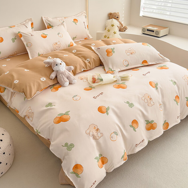 多兰诗（Duolanshi）春夏磨毛四件套 斜纹印花卡通套件被套床单宿舍四季床上四件套 大吉大利 1.8米 床笠款 /被套200*230 四件套
