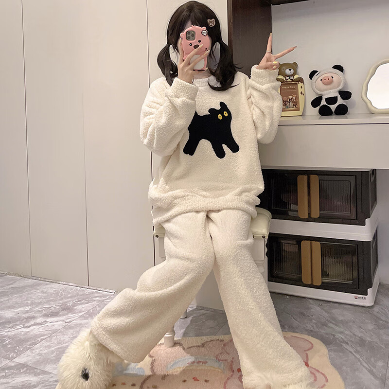 都市丽人睡衣套装女士秋冬季2025新款加绒加厚家居服可爱半边绒睡衣可外穿 可爱小黑猫 XL  （建议120-140斤）