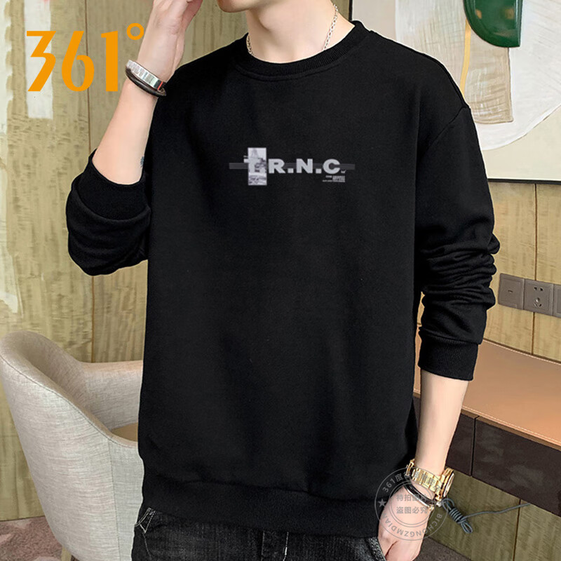 361°运动卫衣男2026春季新款圆领长袖休闲套头衫男宽松百搭打底上衣 超级黑 S /165
