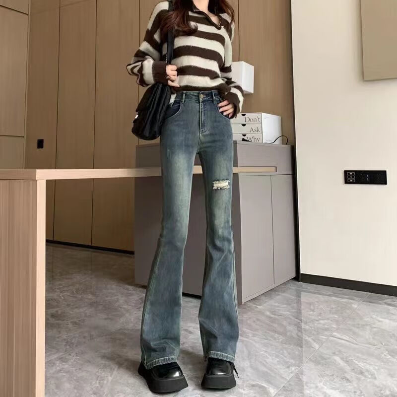 凡摩乔牛仔喇叭裤女高腰修身显瘦破洞2024年春夏季弹力牛仔喇叭裤女