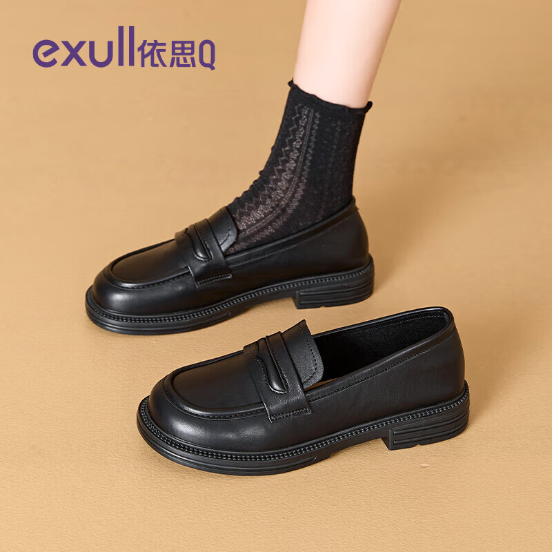 依思 Q乐福鞋女款2025夏季新款英伦风简约单鞋学生软底百搭通勤小皮鞋女 黑色【休闲软底】 39