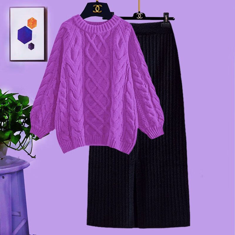 衣服女冬季大码冬季女2023新款穿搭宽松女洋气显瘦两件 紫色针织毛衣