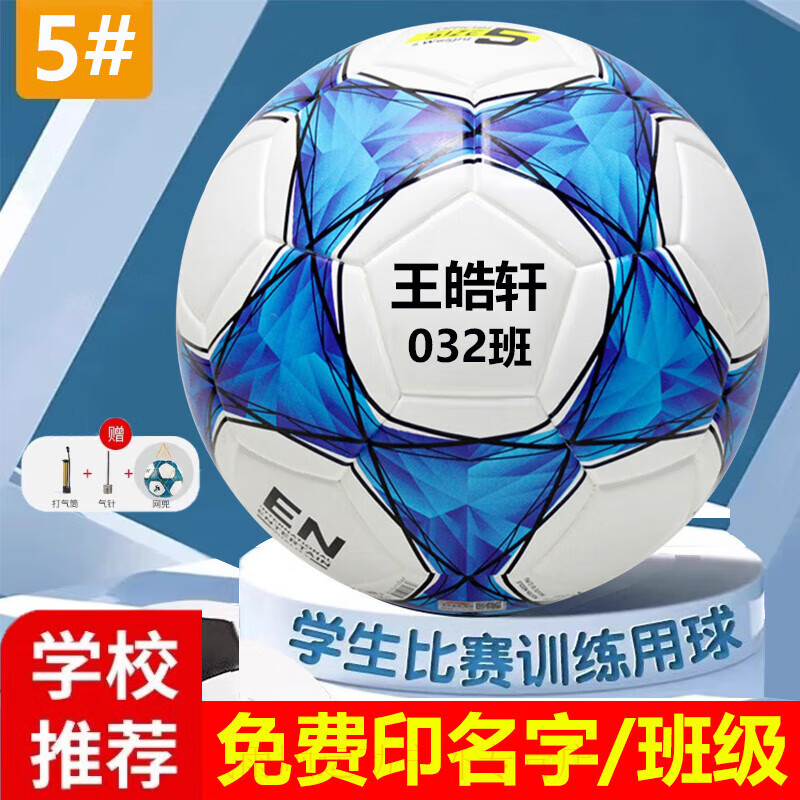 EVANOVM免费刻印名字足球小学生专用球5号初中幼儿园4号5号儿童比赛训练 5号加厚蓝白足球【免费印名字】 打气筒+气针+网兜 其他
