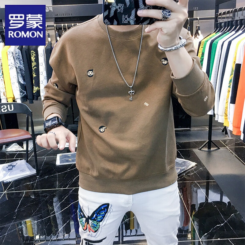 罗蒙2025秋冬季休闲潮牌卫衣男士圆领时尚个性刺绣长袖修身上衣 咖色 L 110-125斤
