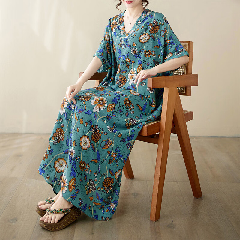 简当夏装加大码女装胖妹妹MM清新小碎花大口袋宽松中长款连衣裙子1004 长款-9053 均码 【180斤以下】